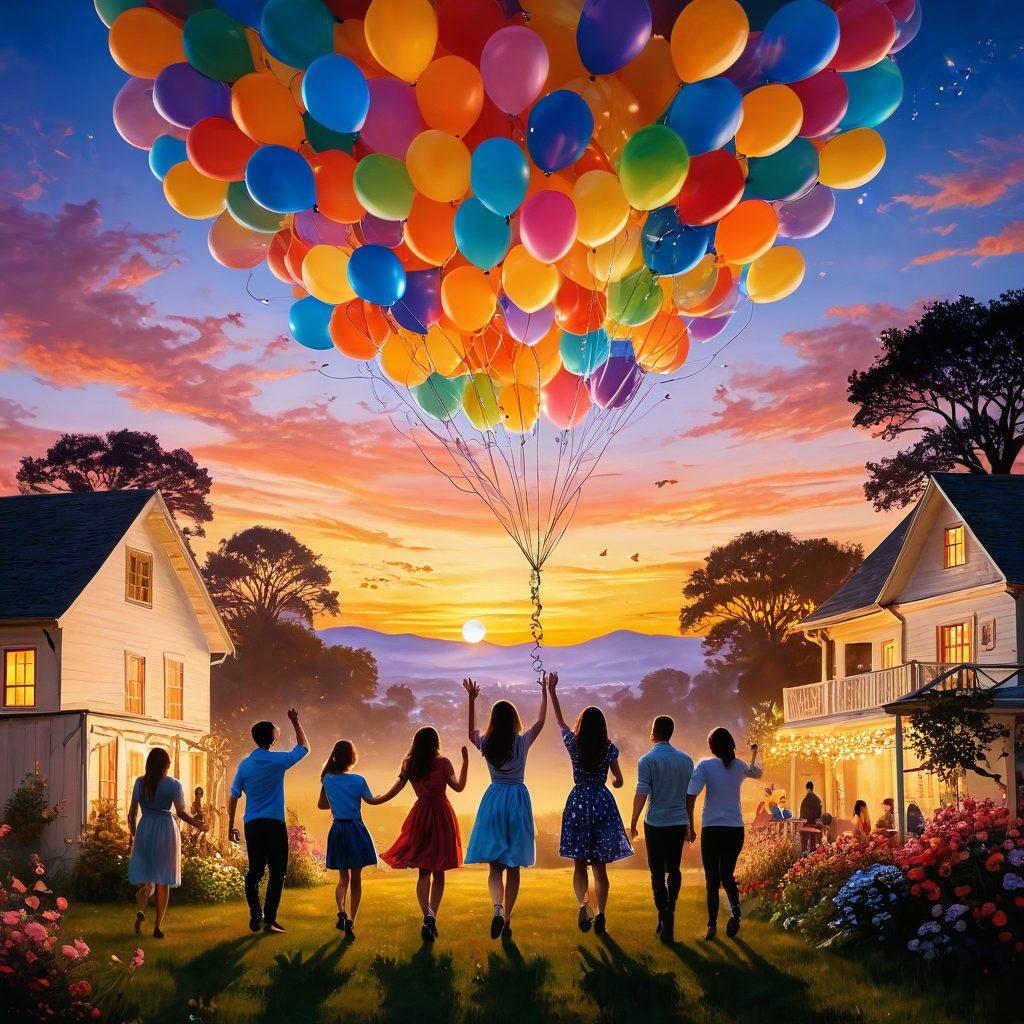 A whimsical scene depicting a burst of colorful balloons floating into the sky, symbolizing unexpected joy and celebration. Include a diverse group of people laughing and connecting under a vibrant sunset, surrounded by blooming flowers and twinkling fairy lights. The atmosphere should be joyful and inviting, capturing the essence of serendipity in everyday moments. vibrant colors. impressionistic.