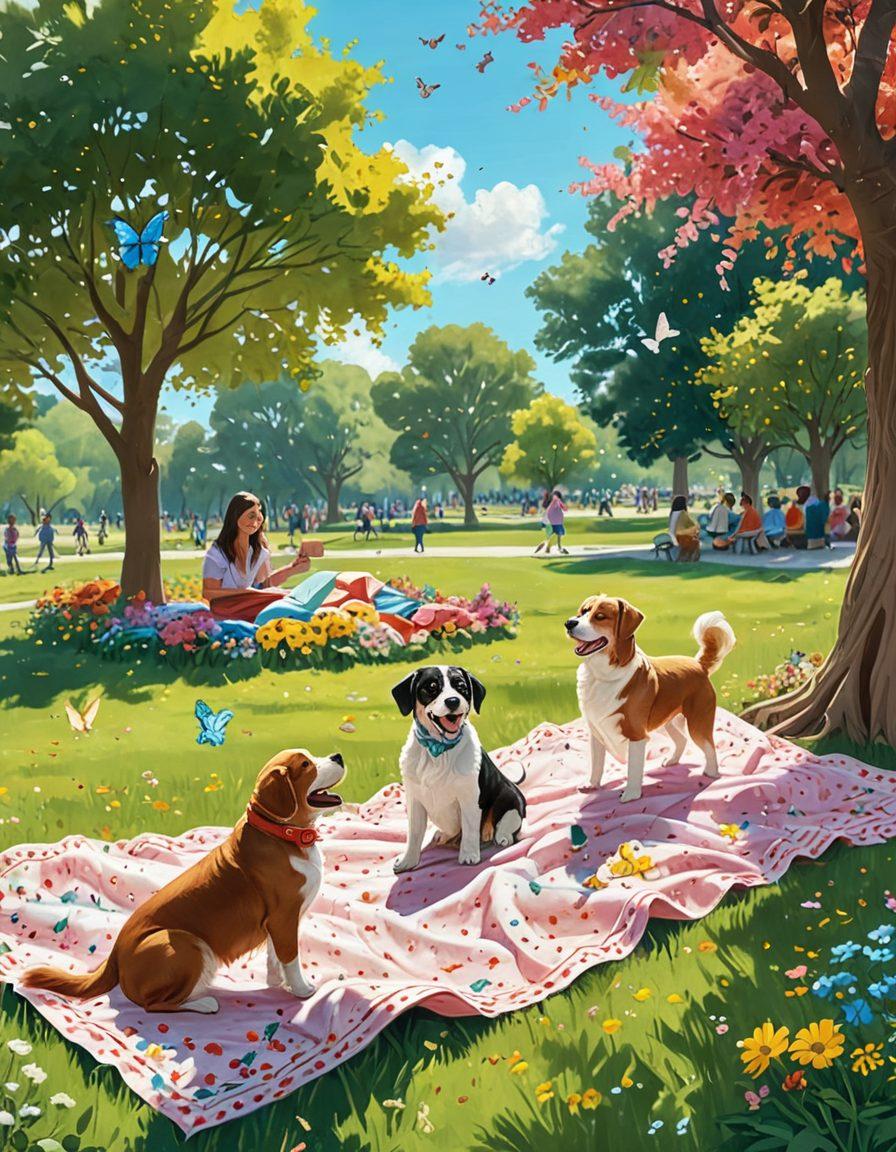 A whimsical scene showcasing a vibrant, sunlit park where people are joyfully encountering unexpected surprises, like balloons, butterflies, and scattered confetti. Two friends laugh together as they discover a hidden picnic setup, while a child chases playful puppies in the background. The atmosphere is full of warmth and delight, with bright flowers blooming around. soft focus. bright colors. illustration.